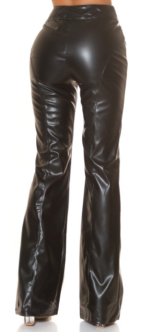Hoge taille faux leder broek met gesp zwart